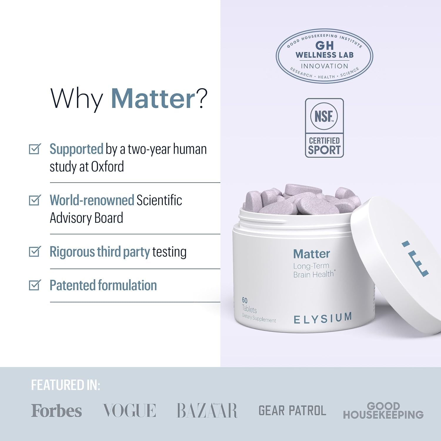 ELYSIUM Matter - 30 Servings - Brain Supplement for Memory and Focus Omega 3 Supplement + DHA - Vitamins to Support Brain Health and Memory