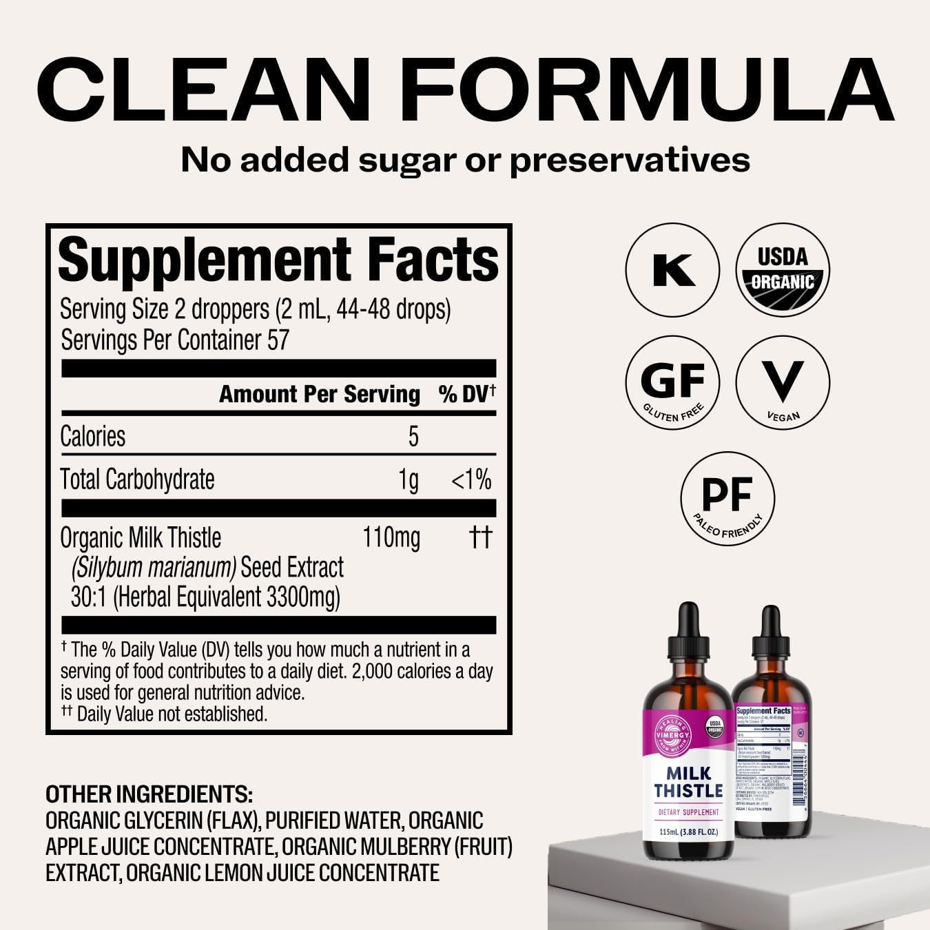 Vimergy Milk Thistle – Supports Liver Function* 57 2Ml (2 Droppers or 44-48 Drops) Servings (110Mg Extract per Serving) – for Healthy Digestion* – USDA Certified Organic, Vegan, Gluten-Free – 115 Ml