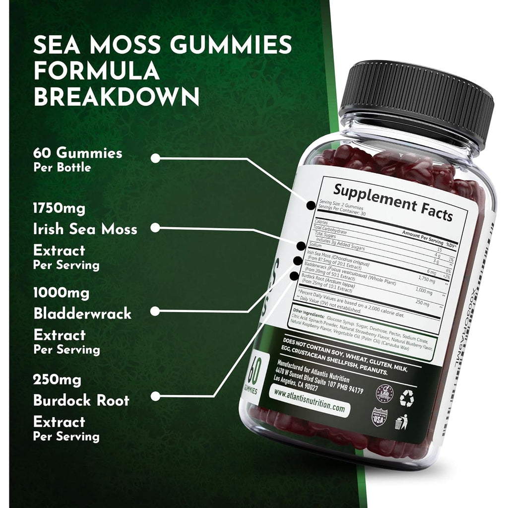 Irish Sea Moss Gummies - 3000MG - Formulated W/ Irish Sea Moss, Bladderwrack & Burdock Root, Contain Essential Vitamin & Mineral - Antioxidant-Rich Superfood Supplement, 60 Sea Moss Gummies for Adults