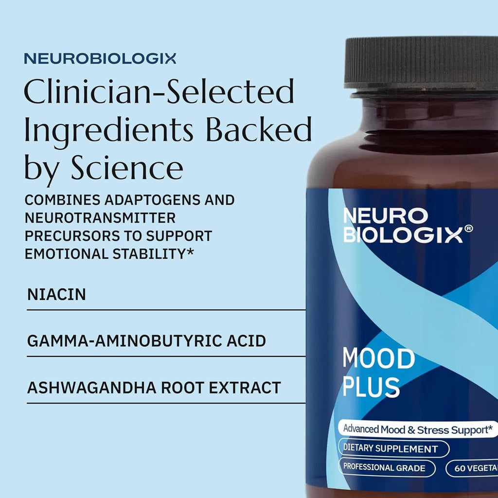 Neurobiologix Mood plus for Men and Women, Mood & Stress Support Supplement with GABA, 5-HTP, Ashwagandha, Magnesium & Chamomile for Emotional Balance, Relaxation & Serotonin Support, 60 Capsules