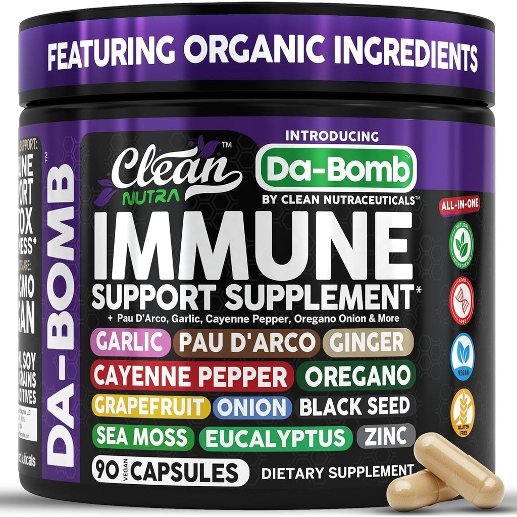 Organic Immune Support with PAU D'Arco Garlic Cayenne Pepper Oregano Ginger Grapefruit Onion Black Seed Sea Moss Black Pepper Zinc Eucalyptus Vitamin C Vitamin D Organic Soursop by Clean Nutra