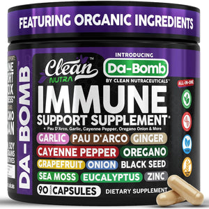 Organic Immune Support with PAU D'Arco Garlic Cayenne Pepper Oregano Ginger Grapefruit Onion Black Seed Sea Moss Black Pepper Zinc Eucalyptus Vitamin C Vitamin D Organic Soursop by Clean Nutra