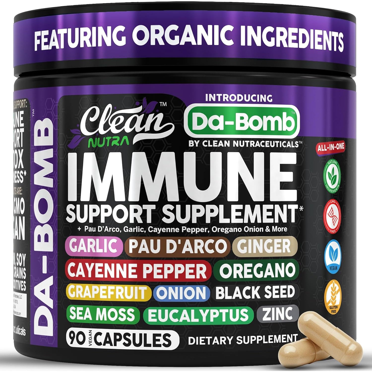 Organic Immune Support with PAU D'Arco Garlic Cayenne Pepper Oregano Ginger Grapefruit Onion Black Seed Sea Moss Black Pepper Zinc Eucalyptus Vitamin C Vitamin D Organic Soursop by Clean Nutra