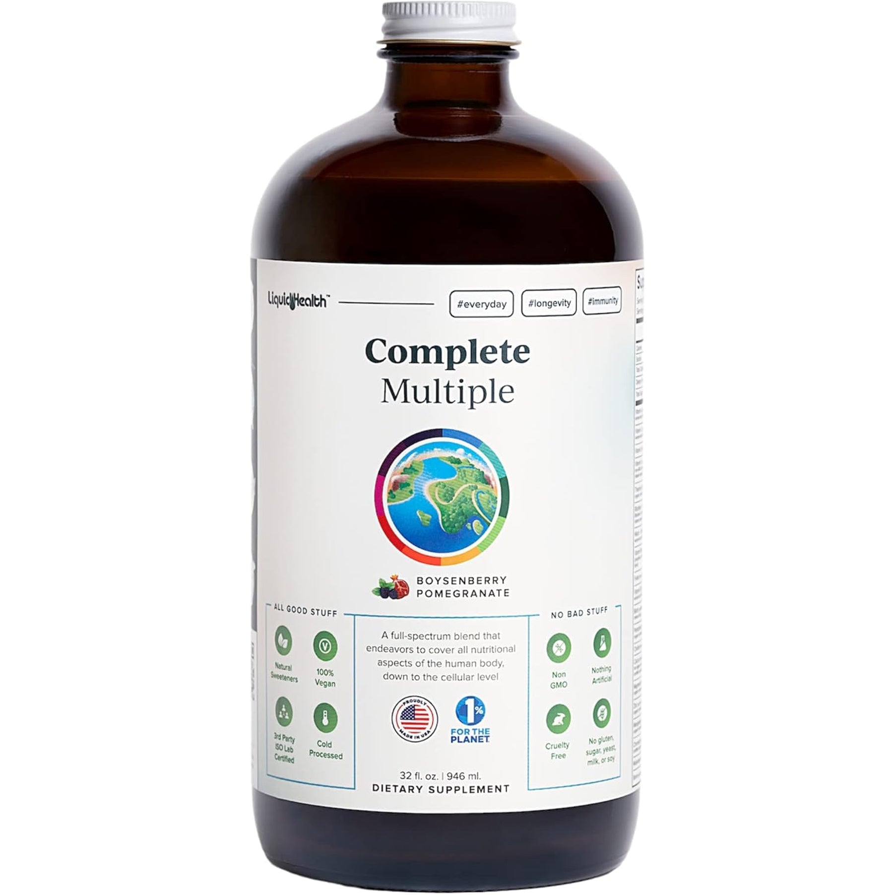 LIQUIDHEALTH Complete Multiple Adult Liquid Multivitamin - Essential Vitamins, Minerals & Nutrients, Immune Support, Gut Health, Energy, Detox - Made in USA, Vegan, Non-Gmo, Sugar-Free (32 Oz)