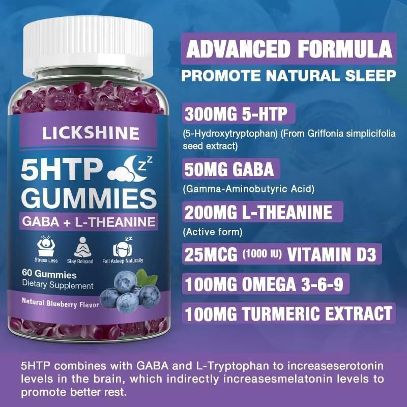 2 Pack 300MG 5-HTP GABA Sleep Supplement Gummies with 200Mg L-Theanine Supplement for Brain, Mood Stabilizer and Sleep Support, Melatonin-Free, Omega 3-6-9 for Natural Zzzs, Blueberry Flavor