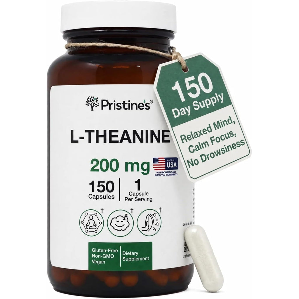 PRISTINE'S L Theanine 200Mg Supplement Capsules - 3Rd Party Tested Non GMO -150 Day Supply - Relaxation & Sleep Quality Support Capsules - Vegan, Cgmp Facility & Gluten Free Glass Bottles