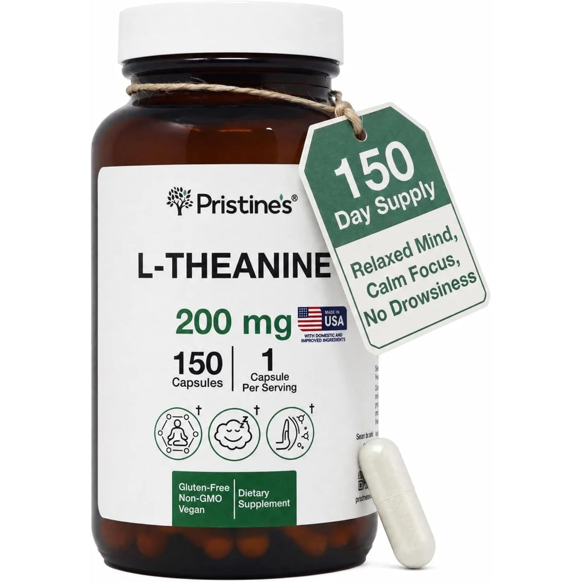 PRISTINE'S L Theanine 200Mg Supplement Capsules - 3Rd Party Tested Non GMO -150 Day Supply - Relaxation & Sleep Quality Support Capsules - Vegan, Cgmp Facility & Gluten Free Glass Bottles