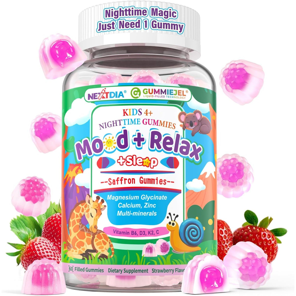 Kids 4+ Magnesium + Saffron Sleep Gummies, Relax Happy Filled Gummy, Bedtime Calcium Zinc, Mineral + Multivitamin Gummies, Melatonin Free | Vitamin D3 K2 | Bone, Only Need 1 Gummy - Sweet Dream Magic