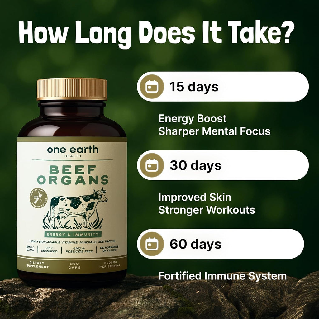 One Earth Health New Zealand 100% Grass Fed Beef Organs – (200 Count, 3,000Mg Serving) Liver, Heart, Kidney, Pancreas, Spleen Supplement. Organ Meat Complex Sourced from New Zealand