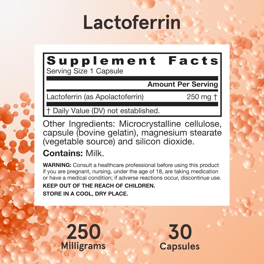 Jarrow Formulas Lactoferrin Supplements 250 Mg - Immune-Supporting Glycoprotein for Healthy Immune System Support & Iron Absorption - Freeze Dried, Gluten Free, Non-Gmo - 30 Capsules (Servings)