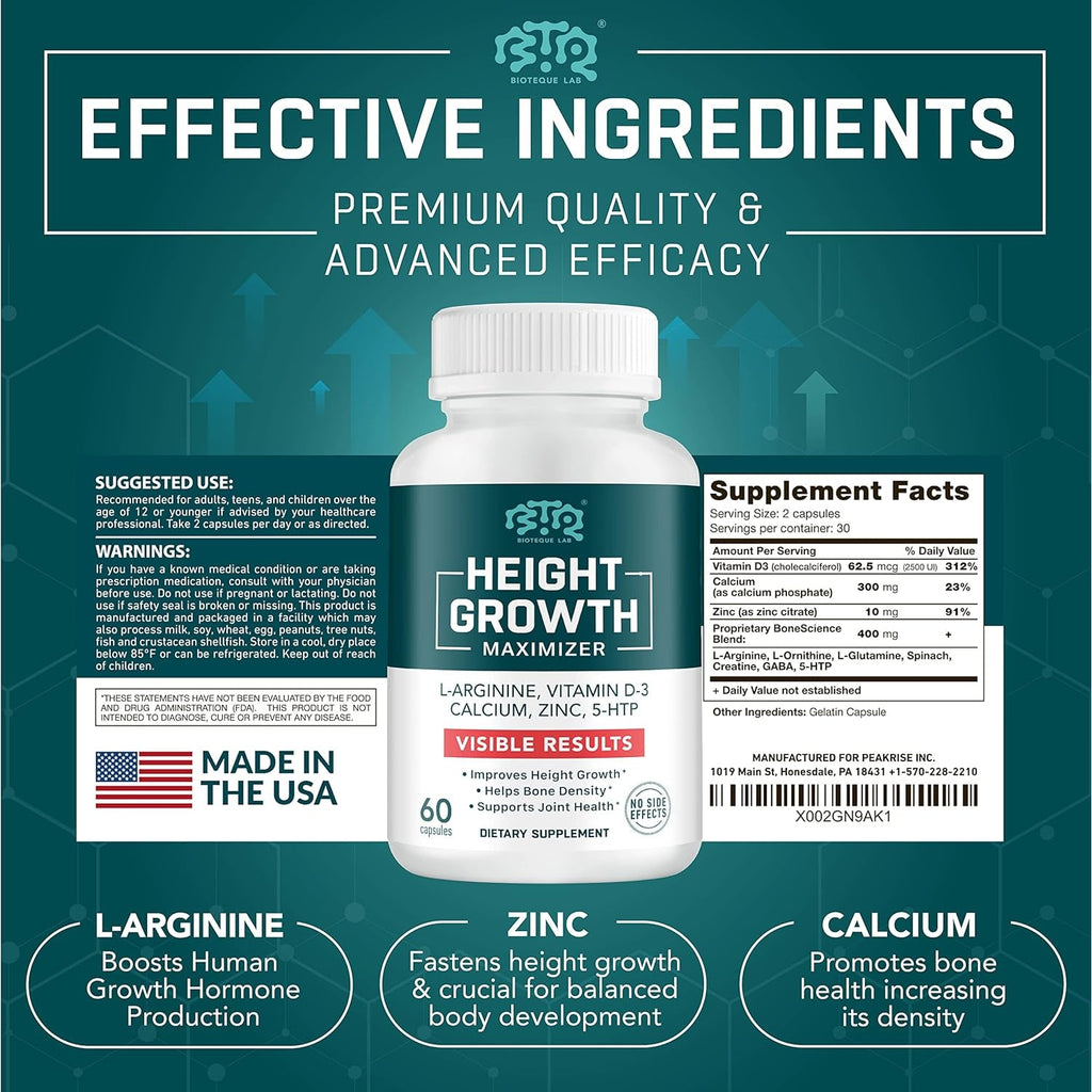 BIOTEQUELAB Height Growth Maximizer, Calcium, Vitamin D3 and Zinc Blend Pills, Bone Growth Supplement for Kids and Teens, Bone Strength, Density Support, Gmo-Free, Gluten-Free, Made in USA, 60 Caps