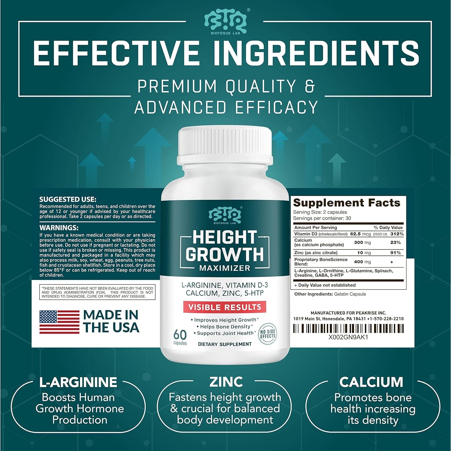 BIOTEQUELAB Height Growth Maximizer, Calcium, Vitamin D3 and Zinc Blend Pills, Bone Growth Supplement for Kids and Teens, Bone Strength, Density Support, Gmo-Free, Gluten-Free, Made in USA, 60 Caps