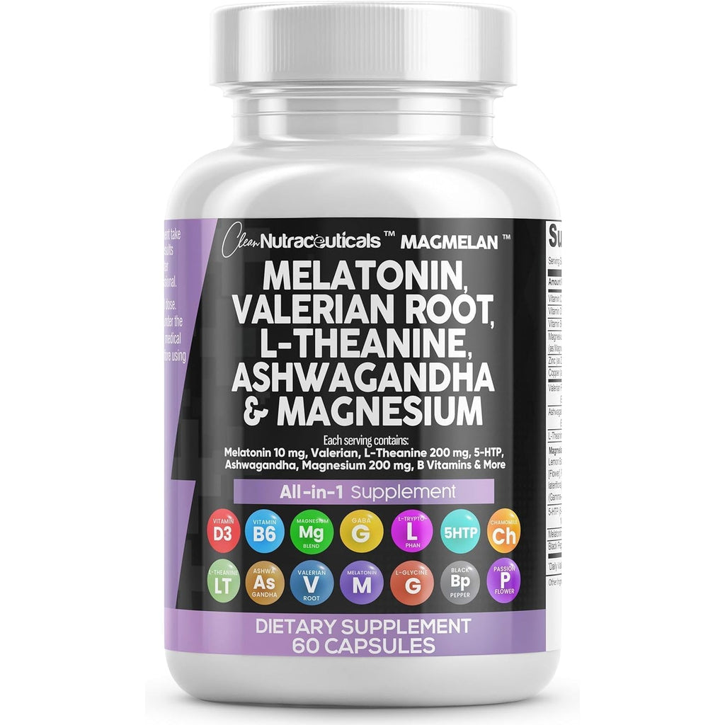 Clean Nutraceuticals Melatonin 10Mg Valerian Root L Theanine 200Mg Ashwagandha - Sleep Support for Women & Men with Magnesium Complex, Lemon Balm, Chamomile, & Passion Flower - 60 Caps
