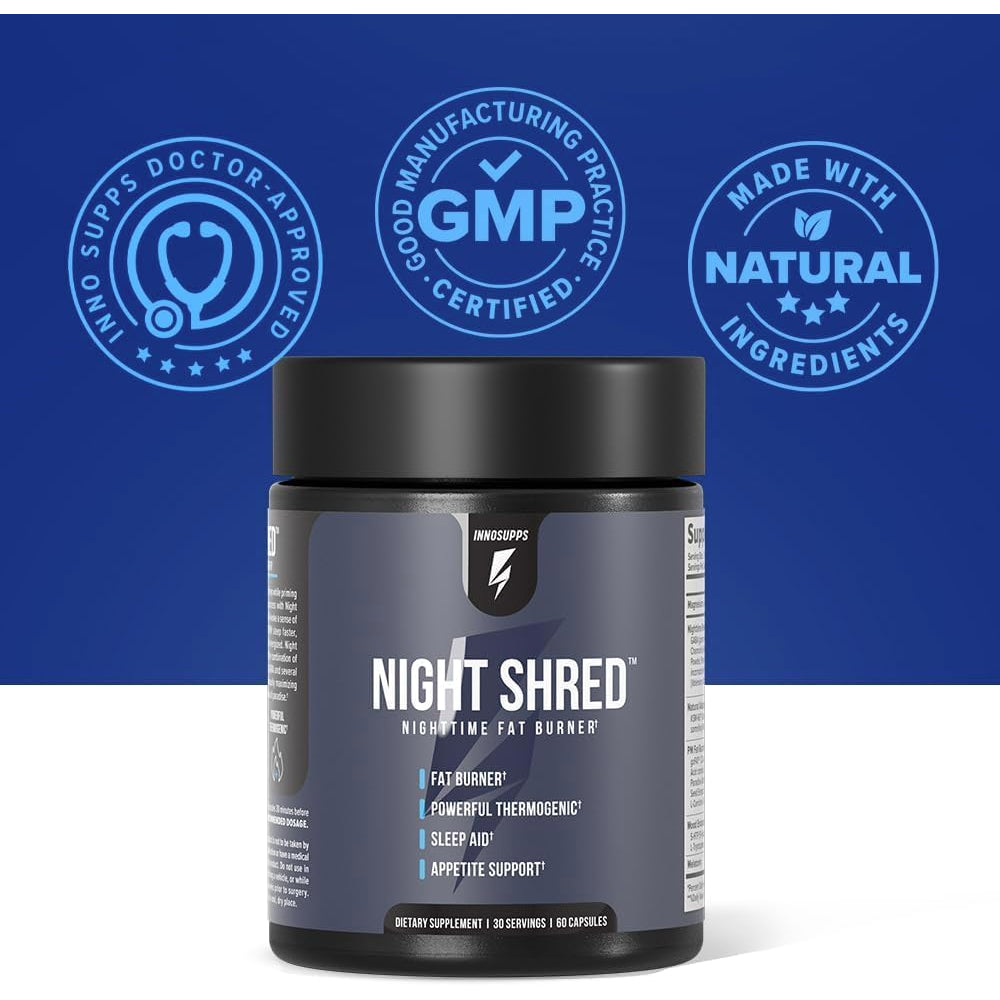 Innosupps Night Shred - Night Time Fat Burner, Weight Loss, and Natural Sleep Support Ashwagandha, 5-HTP, CLA, Melatonin Appetite Suppressant Fat Burning 60 Vegetarian Capsule / 30 Day Supply