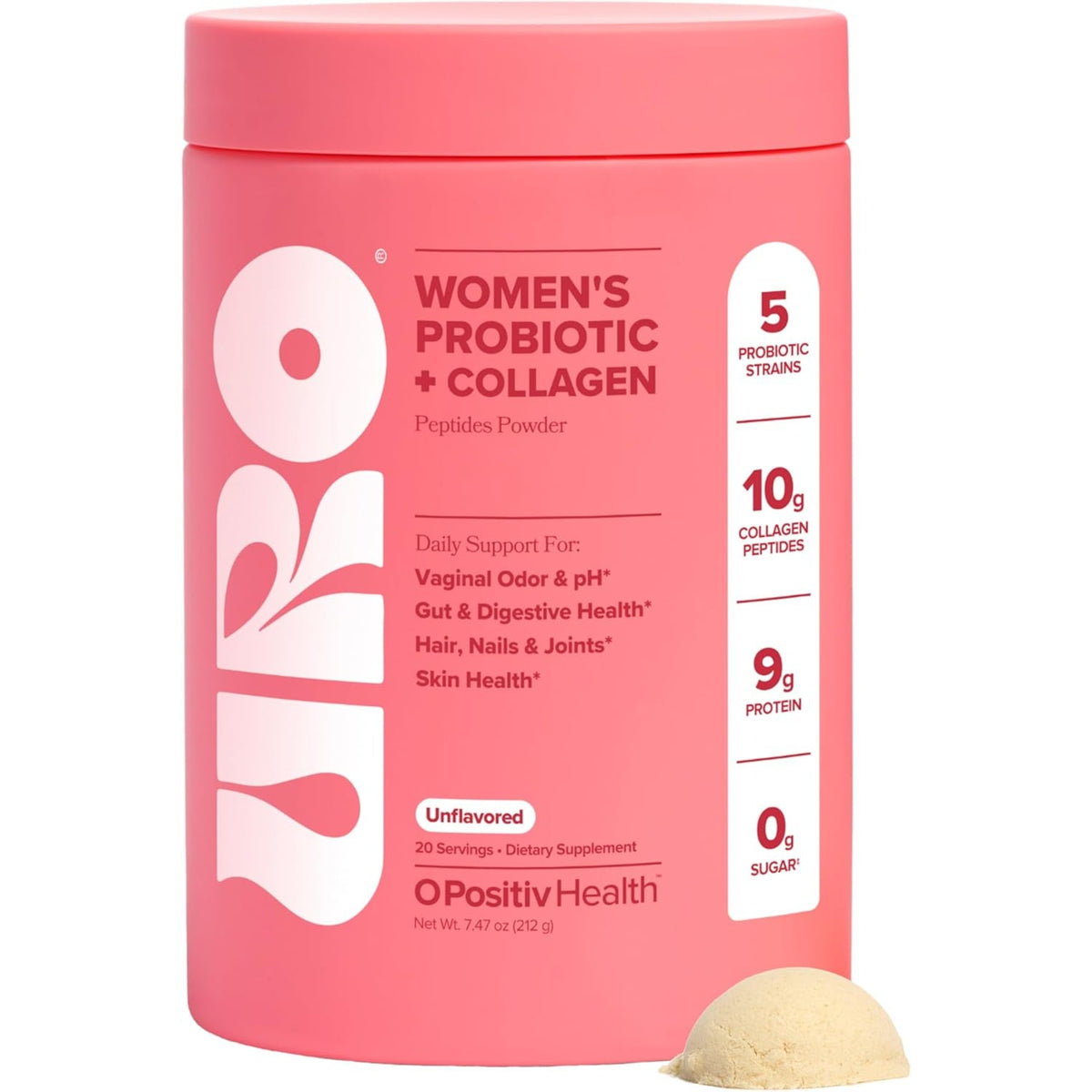 URO Women’S Probiotic + Collagen Peptides Powder – Vaginal, Skin & Gut Health in One Daily Scoop – with Hydrolyzed Collagen Peptides, Probiotic Blend, and XOS Prebiotics – 20 Servings