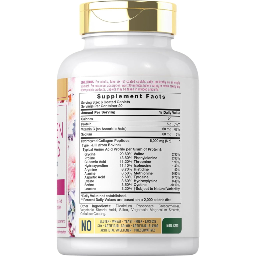 Carlyle Collagen Peptides with Vitamin C | 6000Mg | 120 Caplets | Grass Fed Type II & III | Beauty Formula | Non-Gmo, Gluten Free Supplement