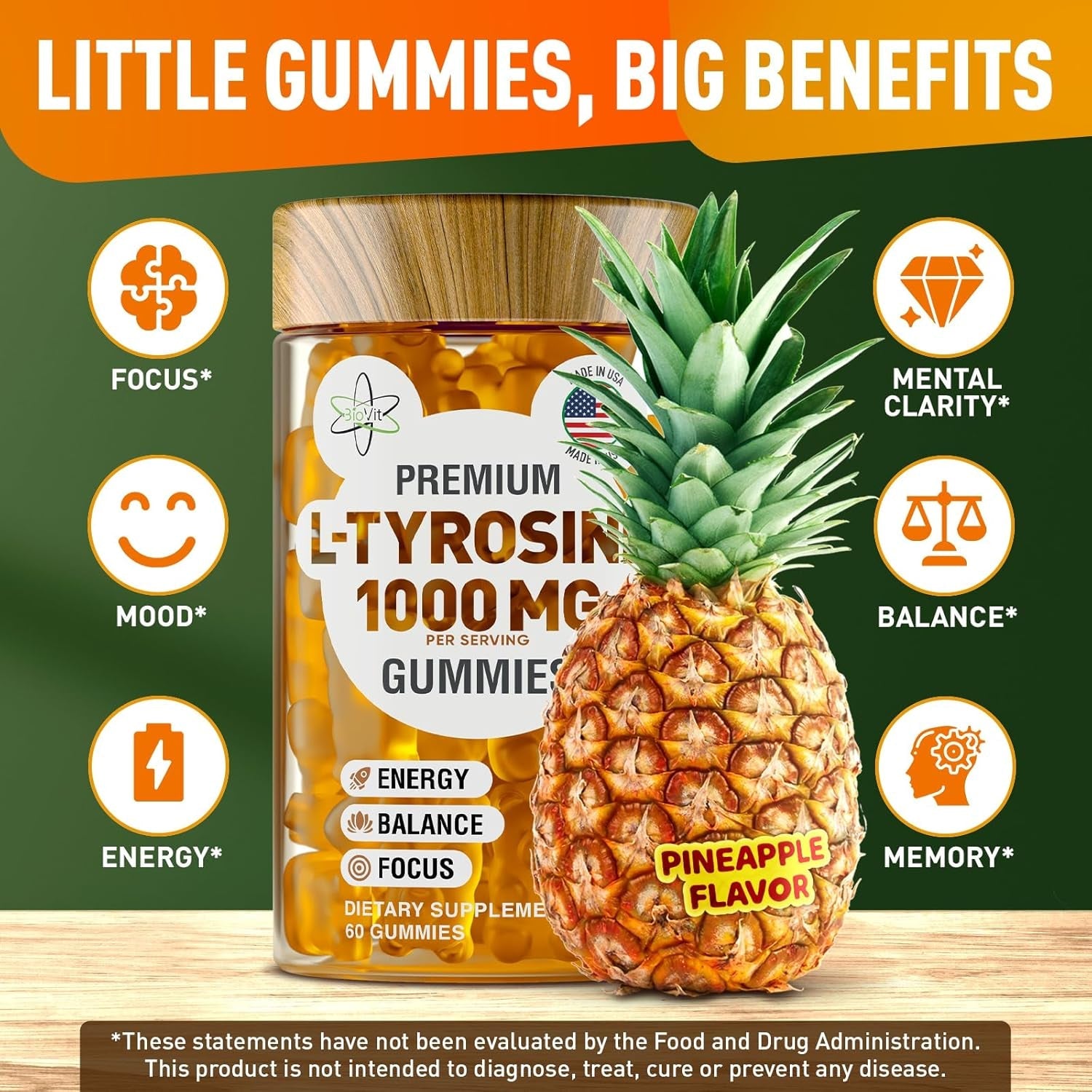 Biovit L Tyrosine Gummies - Activated Amino Acid L Tyrosine Supplement - Natural Focus, Mood and Energy Supplement for Kids & Adults - L-Tyrosine 1000MG per Serving, 500MG per Gummy - 60 Vegan Gummies