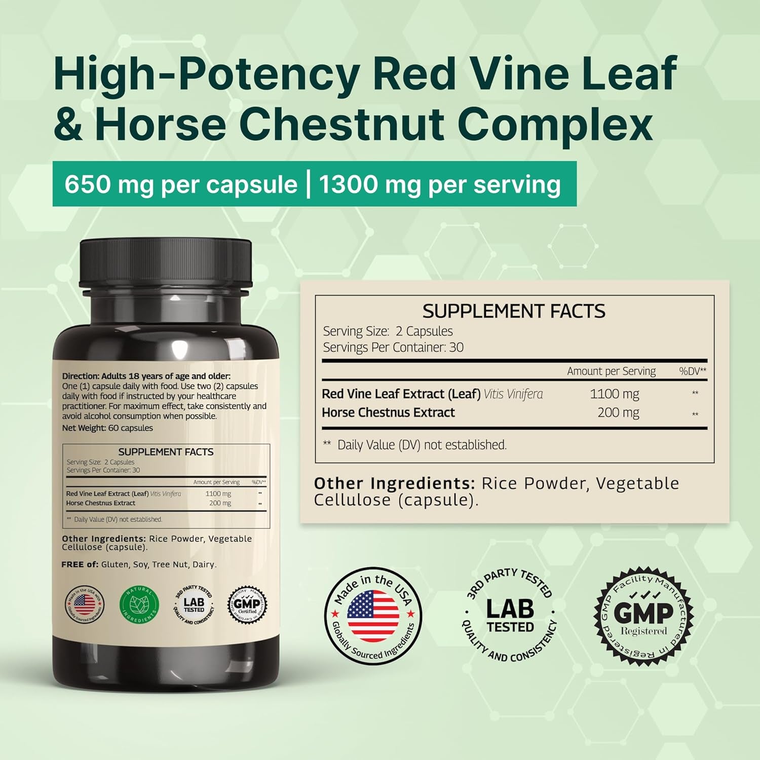 VINATURA Red Vine Leaf Extract - Horse Chestnut, 1300Mg/Serving *USA Made and Tested* Circulation and Vein Support for Healthy Legs - Helps Blood Flow, Leg Circulation - 60 Capsules (30 Servings)