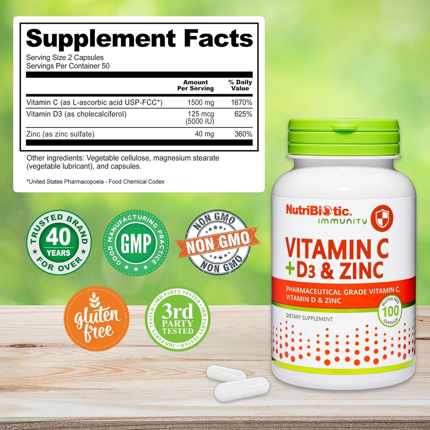 Nutribiotic – Vitamin C + Vitamin D3 & Zinc, 100 Capsules | Potent, Comprehensive Immune Support | Essential & Antioxidant Daily Supplement | Gluten & GMO Free