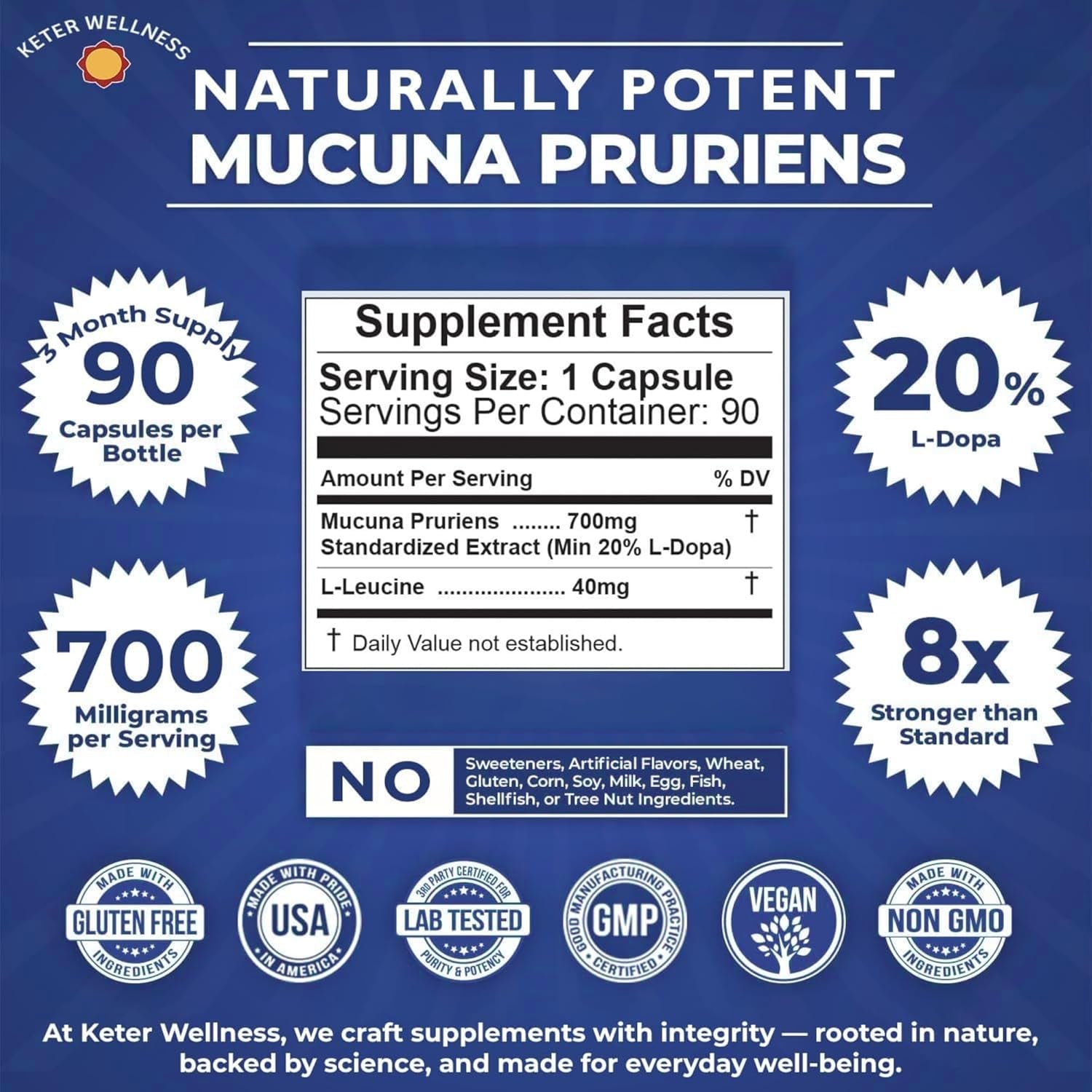 Mucuna Pruriens 20% L-Dopa – Standardized Velvet Bean Extract for Natural Dopamine, Focus & Mood Support – Pure 8:1 Concentrated Herbal Supplement – Vegan, Non-Gmo, 90 Capsules