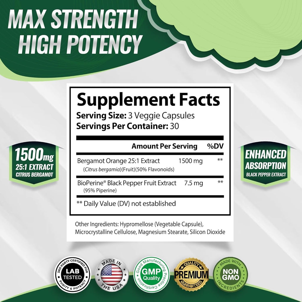 Citrus Bergamot Supplement 1500Mg - 25:1 Bergamot Extract to Support Overall Health, Immune System, Potent Antioxidant High Absorption Natural Vegan Non-Gmo for Men Women, 90 Capsules