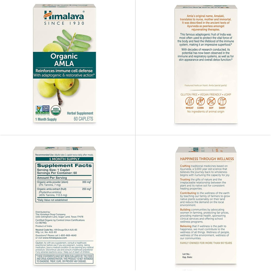 Himalaya Organic Amla - Herbal Immune Support Supplement with Adaptogen and Antioxidant - USDA Organic, Vegan, Non-Gmo, Gluten Free, 600 Mg, 60 Caplets