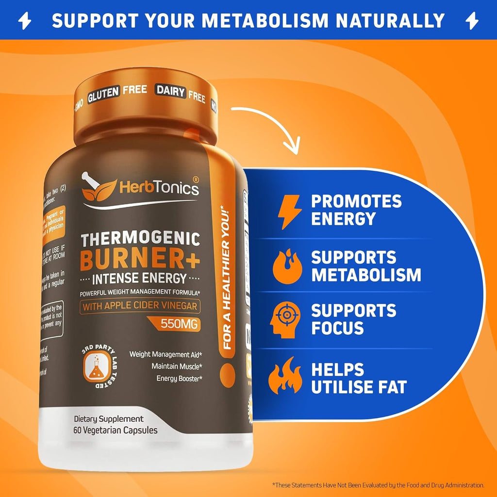Herbtonics Thermogenic Burner + Apple Cider Vinegar – Weight Management Supplement for Women & Men, Supports Appetite Management, Metabolism & Energy, 60 Vegetarian Capsules