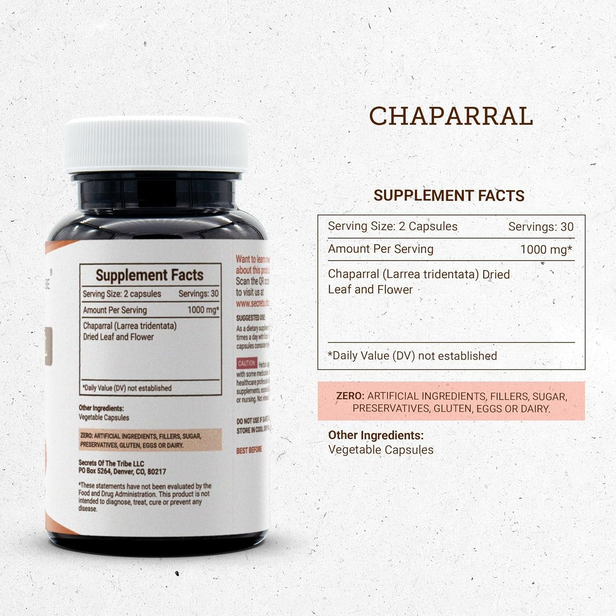 Secrets of the Tribe Chaparral 60 Capsules, 1000 Mg, Chaparral (Larrea Tridentata) Dried Leaf and Flower (60 Capsules)