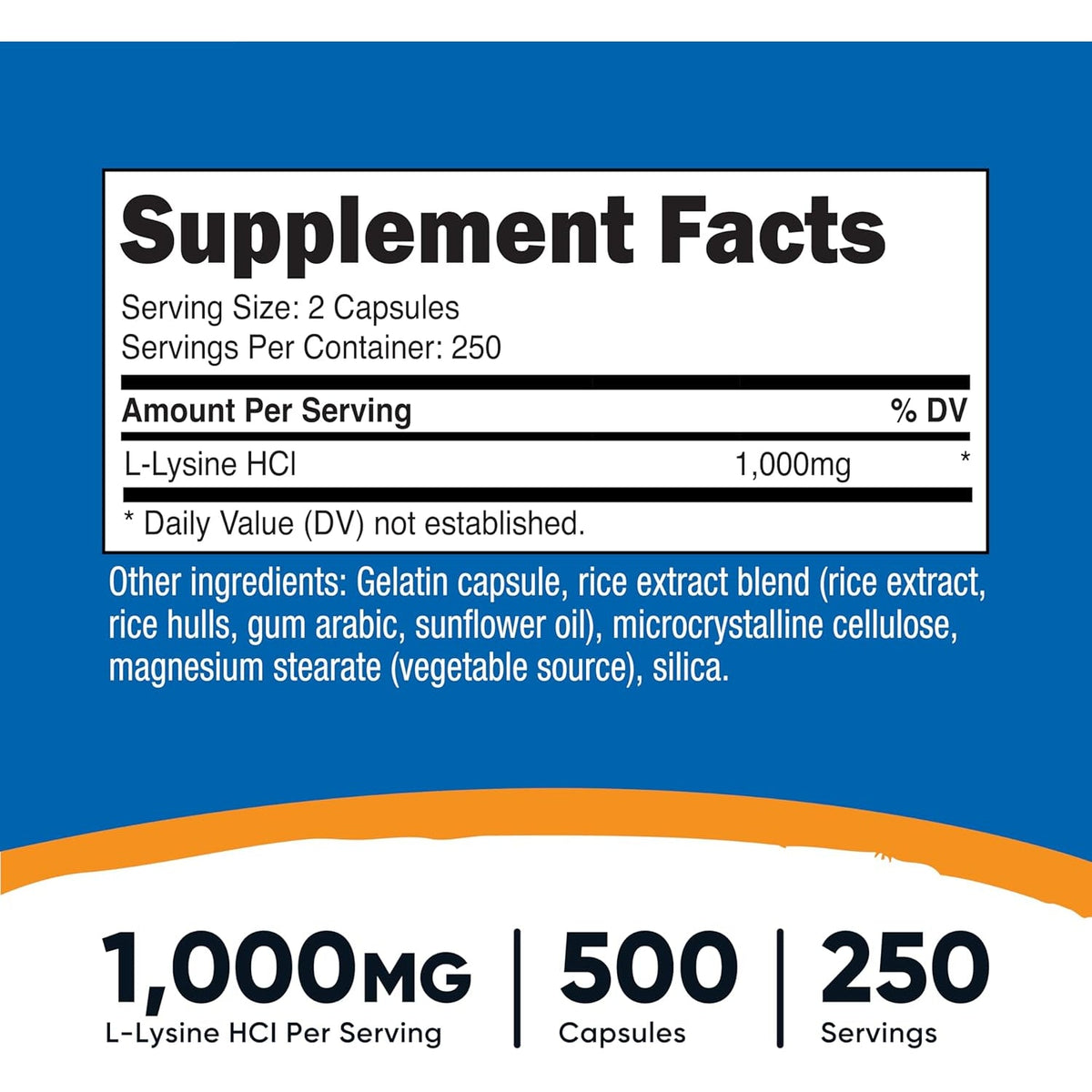 Nutricost L-Lysine 1000Mg per Serving, 250 Servings, 500 Capsules - Gluten Free, Non-Gmo, 500Mg per Capsule