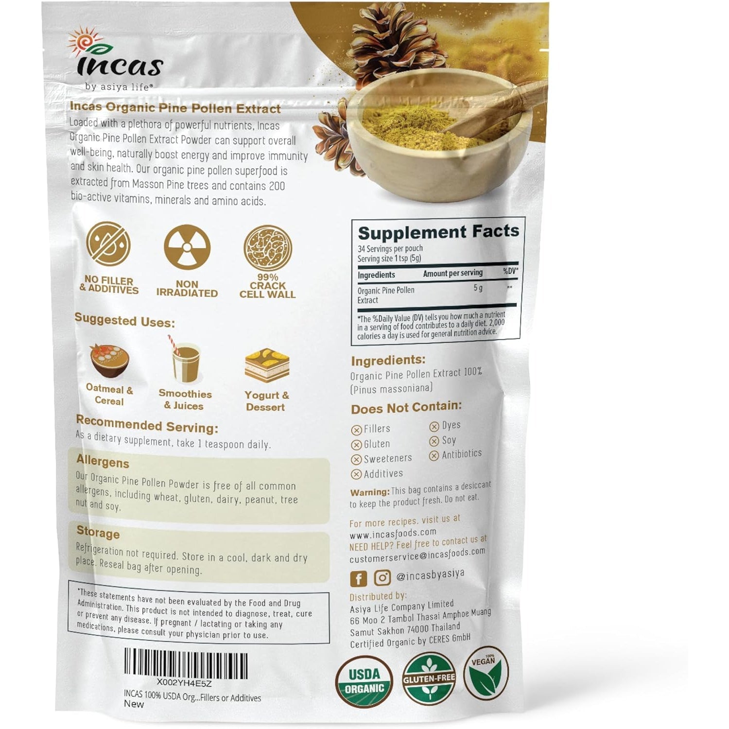 INCAS 100% USDA Organic Pine Pollen Powder (6 Ounces) Non GMO Verified 99% Cracked Cell Wall, Wild HARVESTED, Non-Irradiated, Boosts Energy & Immune Support, No Fillers or Additives