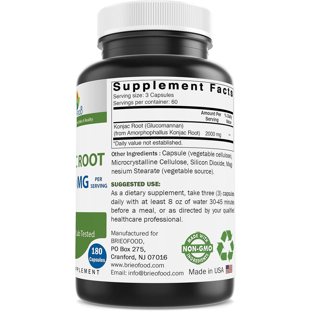 Brieofood Konjac Root Glucomannan 2000 Mg per Serving - 180 Vegetarian Capsules