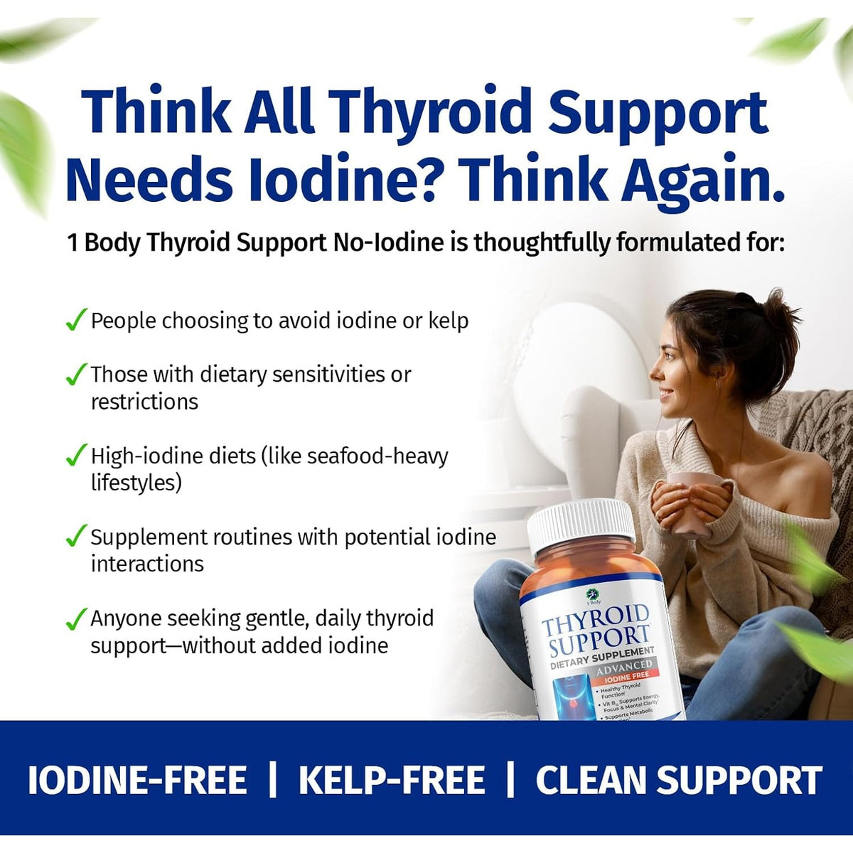 1 Body Thyroid Support Supplement for Women – Iodine Free Formula with Selenium, Zinc & Ashwagandha – Supports Energy, Metabolism & Hormone Balance – 60 Vegan Capsules
