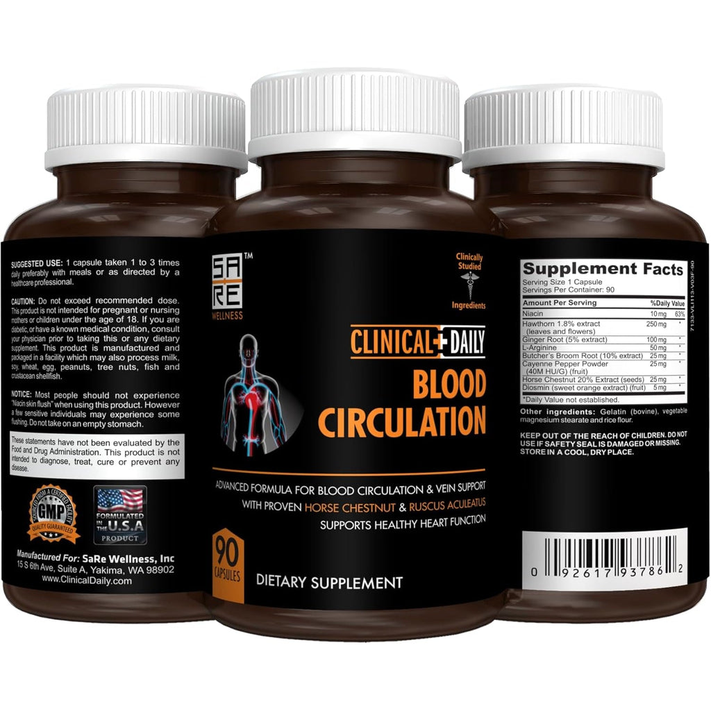 Clinical Daily Blood Circulation Supplement. Butchers Broom, Horse Chestnut, Cayenne, L-Arginine, Diosmin. Herbal Varicose Vein Treatment. Poor Circulation and Vein Support. 90 Capsules