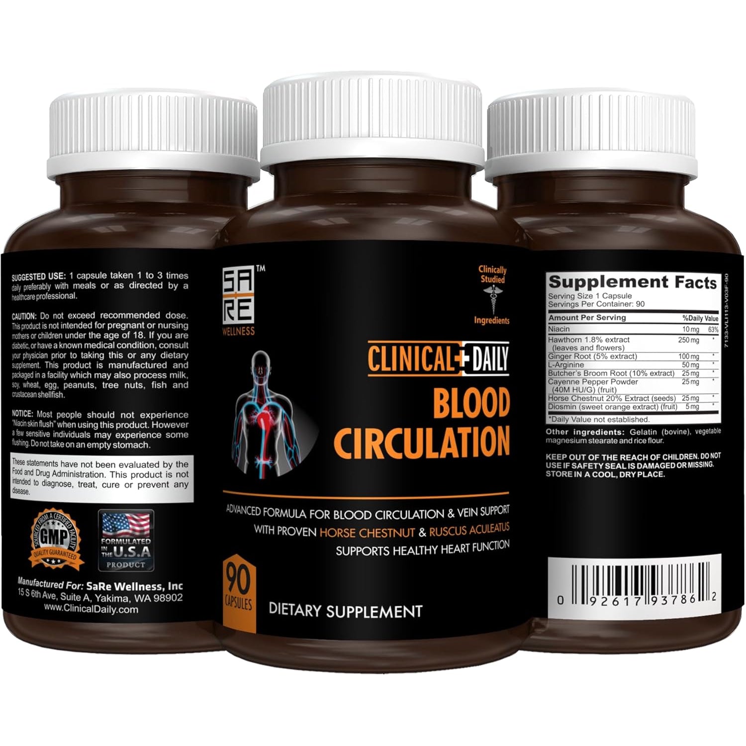 Clinical Daily Blood Circulation Supplement. Butchers Broom, Horse Chestnut, Cayenne, L-Arginine, Diosmin. Herbal Varicose Vein Treatment. Poor Circulation and Vein Support. 90 Capsules