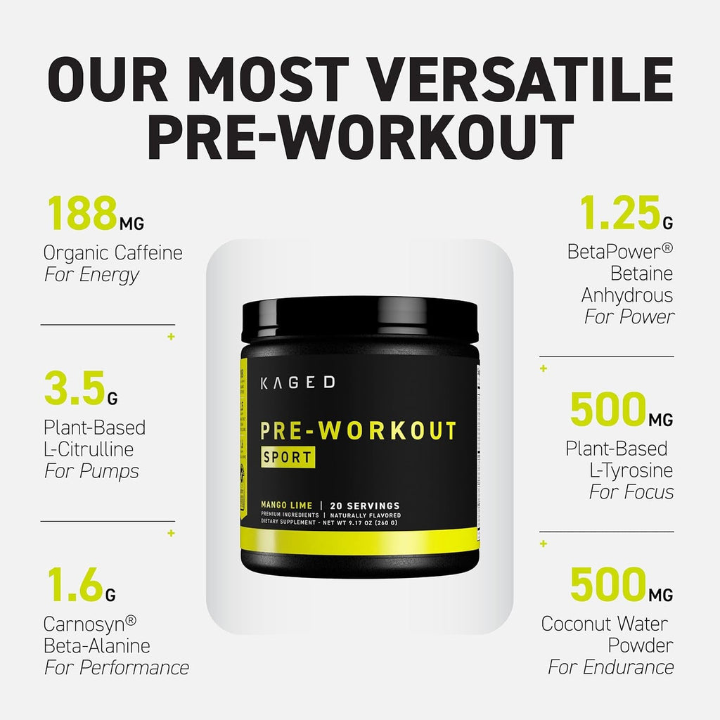 Kaged Sport Pre Workout Powder for Men & Women, Mango Lime, Sport Certified, 188Mg Caffeine, Nitric Oxide Supplement, Beta Alanine for Energy, Weightlifting, Cardio Endurance & Strength, 20 Servings