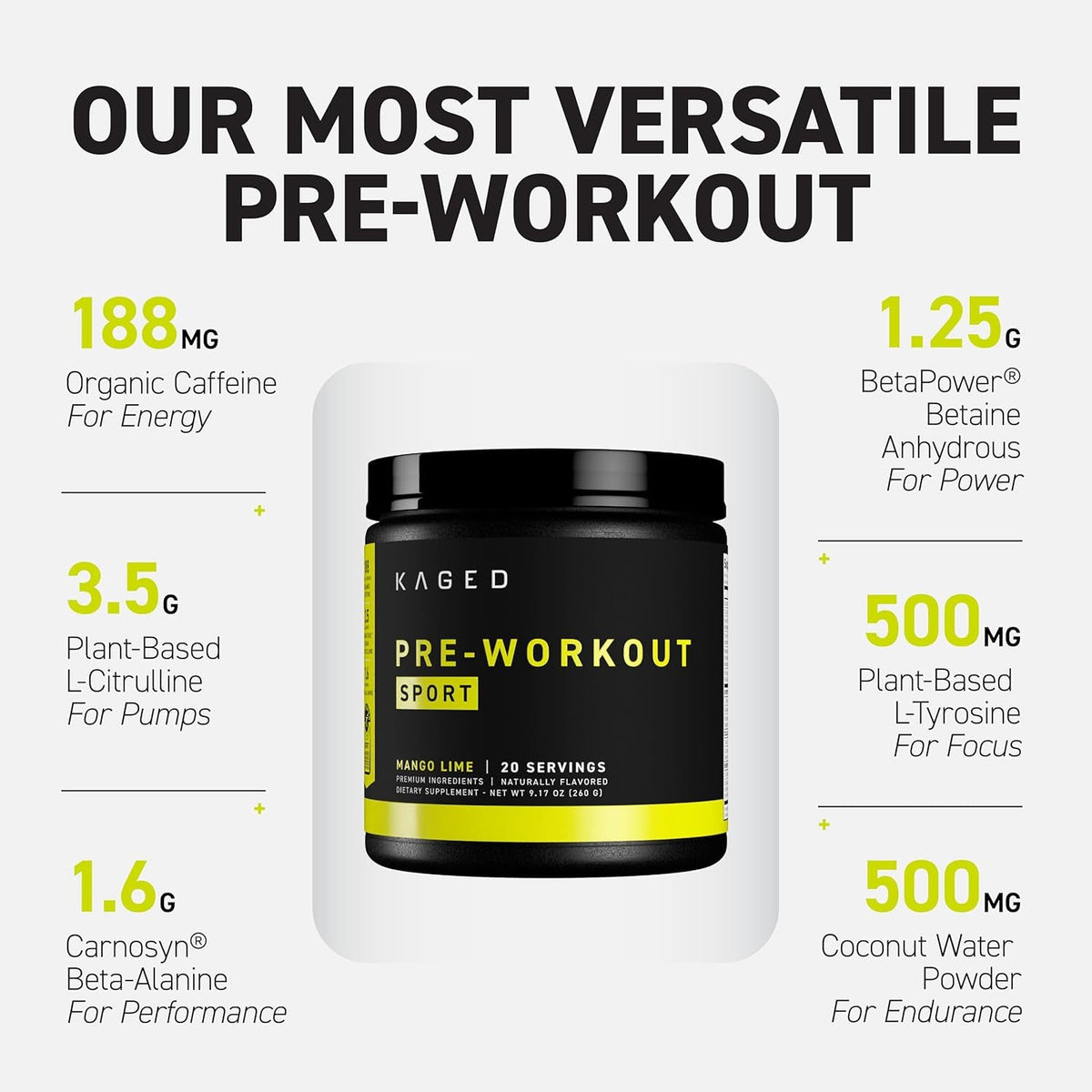 Kaged Sport Pre Workout Powder for Men & Women, Mango Lime, Sport Certified, 188Mg Caffeine, Nitric Oxide Supplement, Beta Alanine for Energy, Weightlifting, Cardio Endurance & Strength, 20 Servings