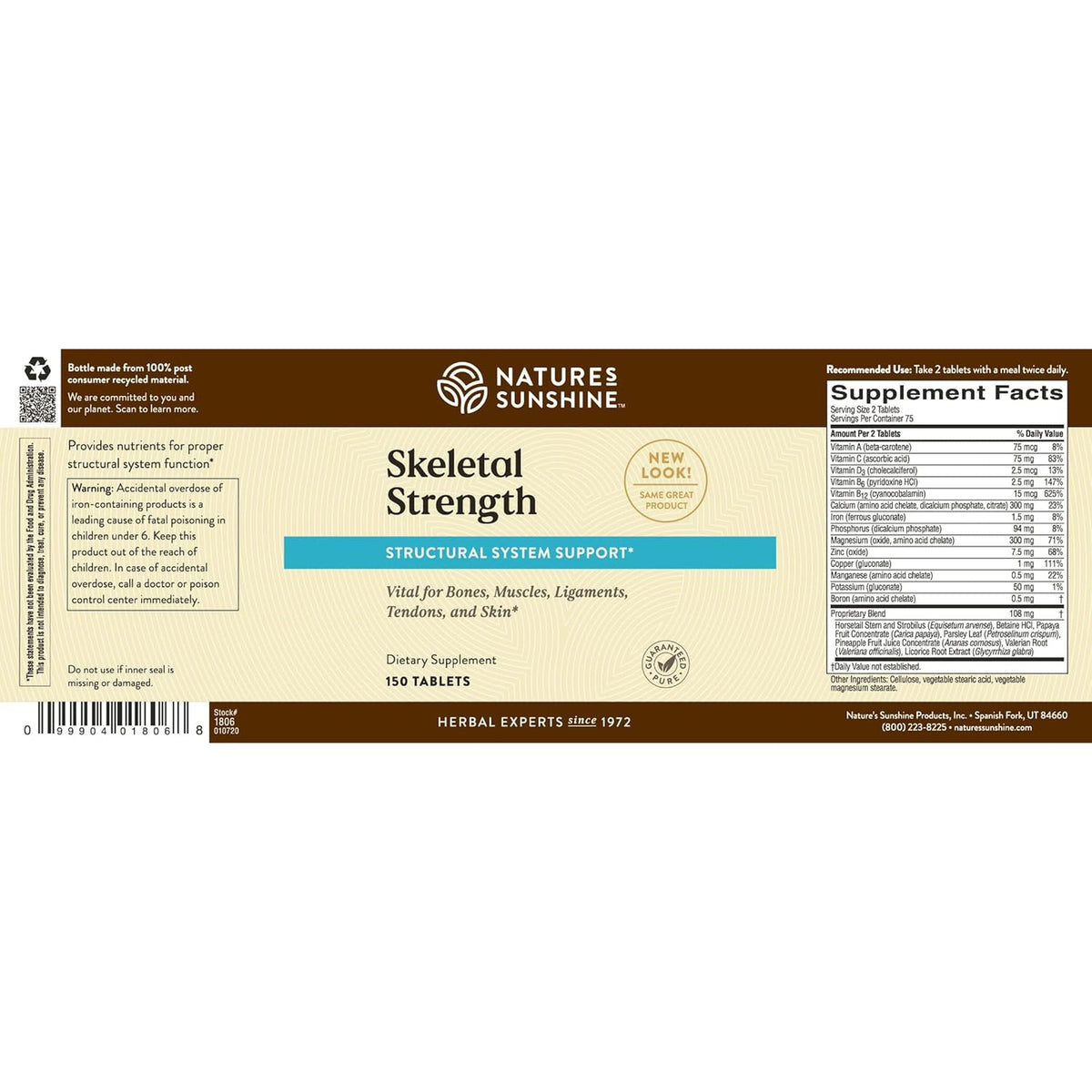 Nature'S Sunshine Skeletal Strength, 150 Tablets | Bone Health Supplements for Women and Men with Calcium, Magnesium, Iron, Manganese, and Vitamin D, C, A, and B
