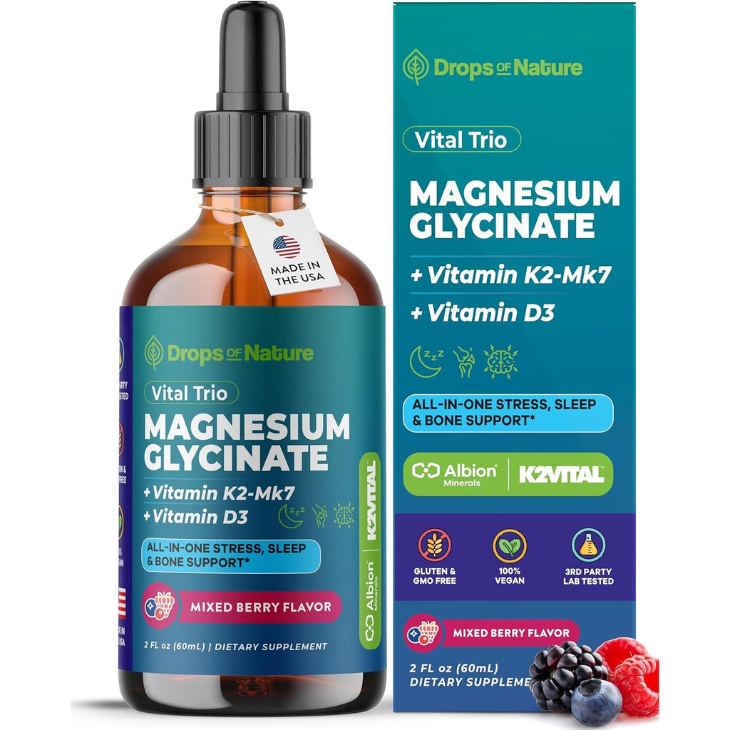 Magnesium Glycinate, Vitamin K2 & D3 Supplement – Vegan, Gmo-Free – VIT D MK7 K2 Vitamin Supplement & Magnesium Blend – with Nutrients for Bone, Sleep & Daily Relaxation Support (Mixed Berry, 60 Ml)
