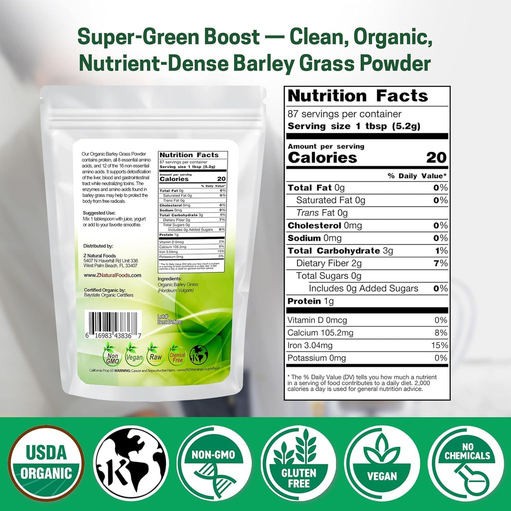 Z Natural Foods Organic Barley Grass Powder - USDA Organic Whole Food Green Blend for Energy Boost, Detox & Ph Balance with Amino Acids, Minerals - Antioxidant Mix for Juice, Water, Smoothies, 1 Lb