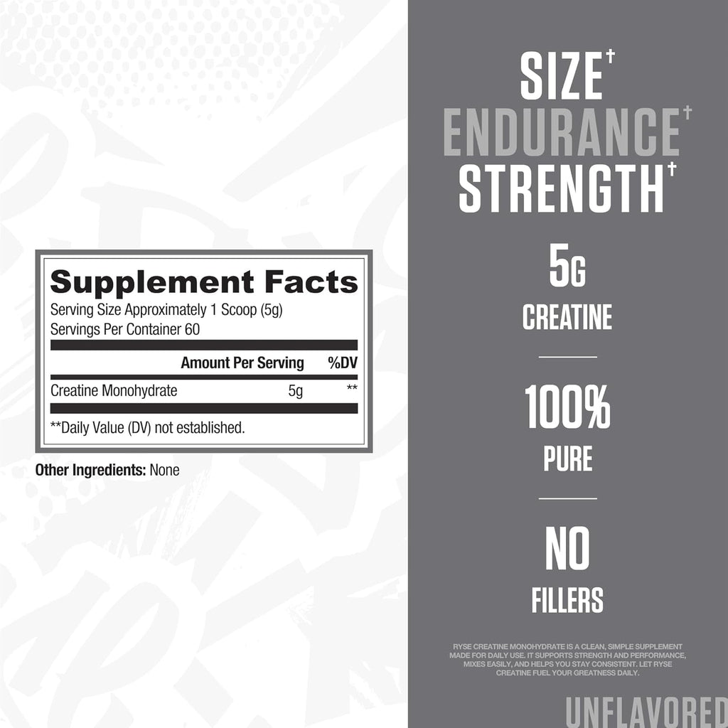 RYSE Creatine Monohydrate Powder - Unflavored - Supports Men & Women Lean Muscle Growth, Strength, Power, and Endurance - Helps Reduce Fatigue and Improve Workout Recovery - 60 Servings