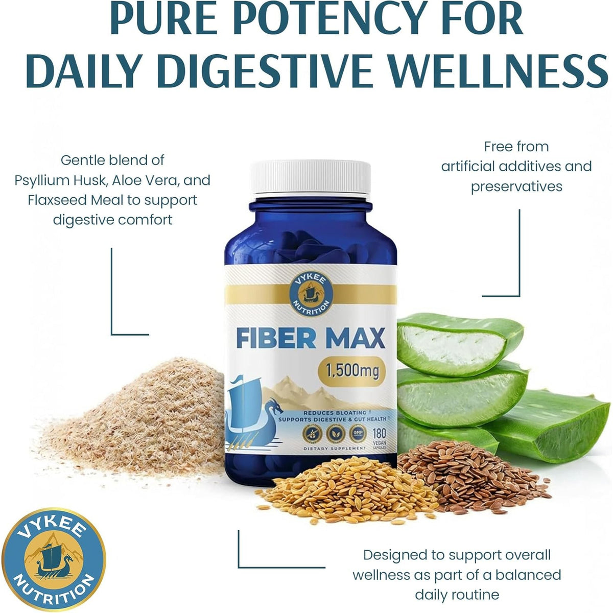 Vykee Nutrition Advanced Fiber Complex – Psyllium Husk, Aloe Vera, Chia & Flax Seed | Vegan, Non-Gmo | Supports Digestive Health, Regularity & Gut Wellness | 180 Capsules