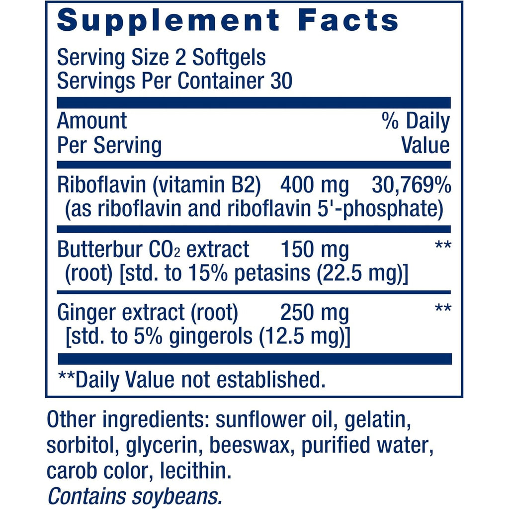 Life Extension Migra-Eeze - Butterbur Root Extract with Vitamin B2 (Riboflavin) & Ginger Supplement - Formula to Ease Head Discomfort - Gluten-Free — 60 Softgels