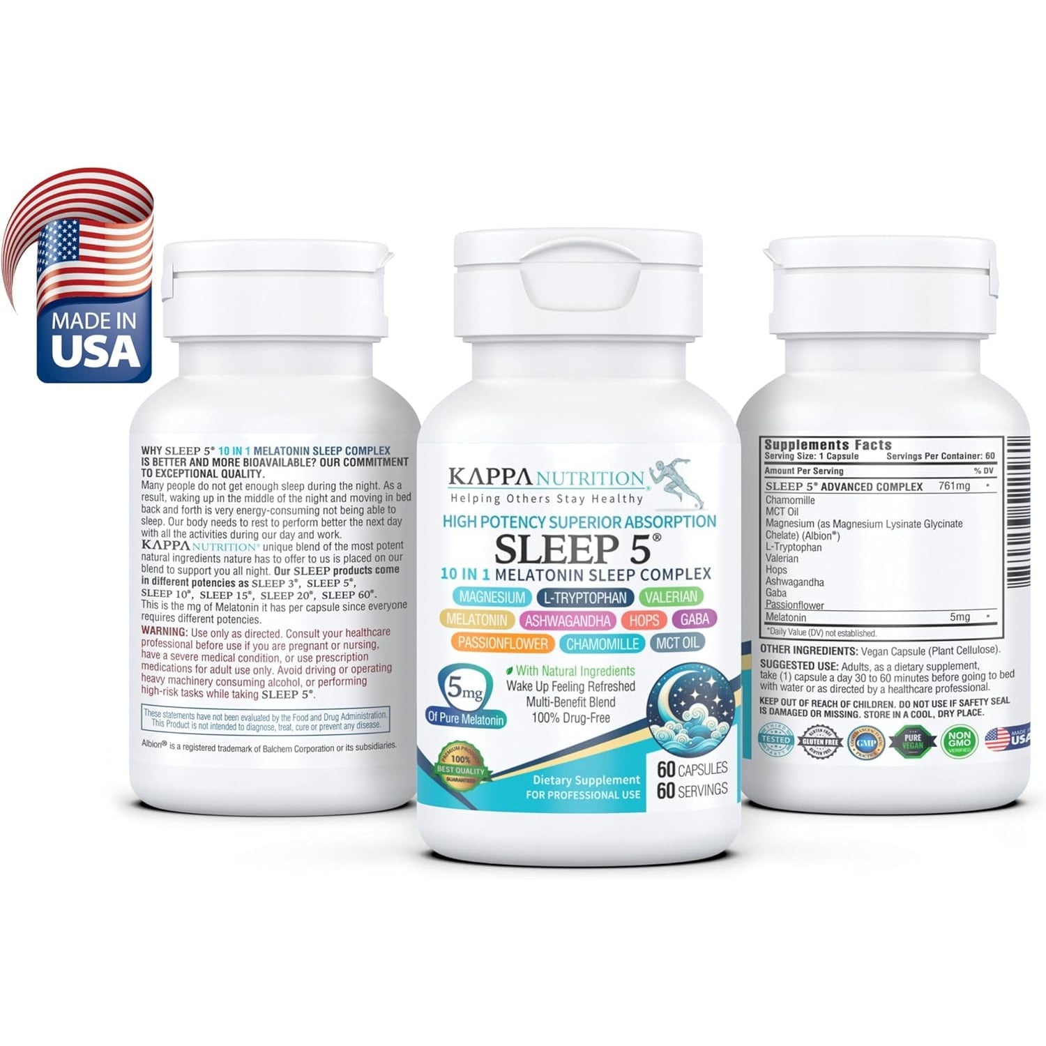 KAPPA NUTRITION Sleep 5, Sleep Aid, 5Mg of Melatonin, 60-Day Supply, Non-Habit Forming Vegan Capsules Natural Ingredients for Easier Bedtime, Herbal Supplement, Valerian Root, Chamomile Non-Gmo