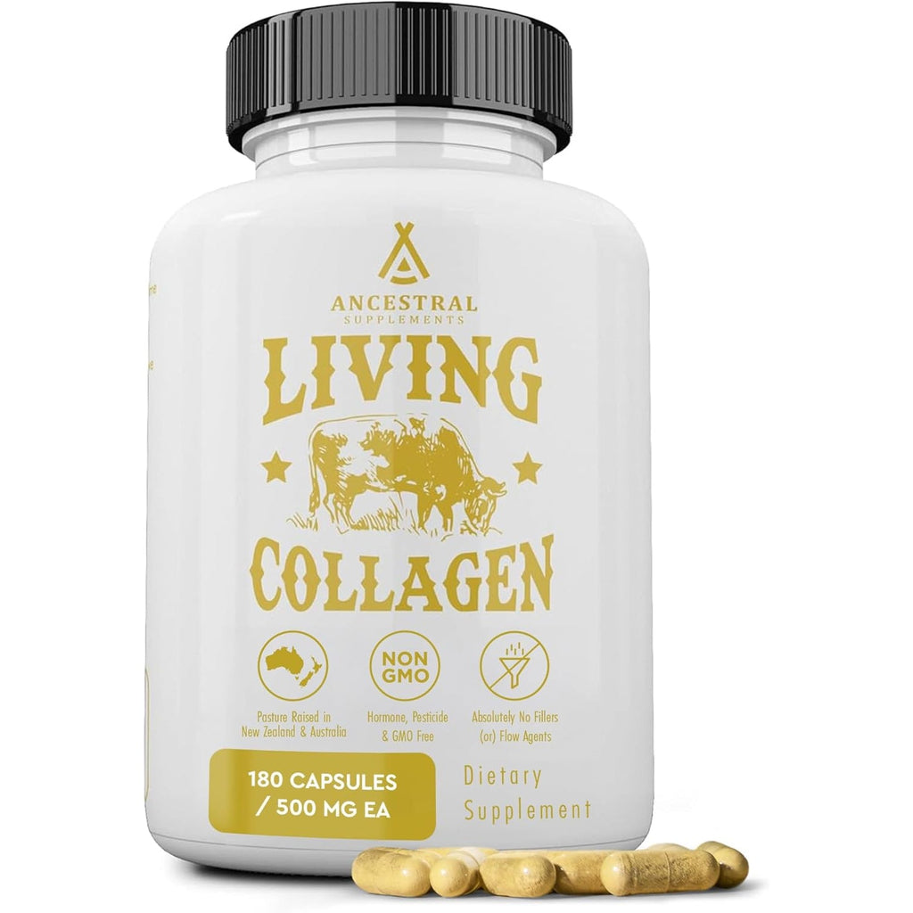 Ancestral Supplements Grass Fed Beef Living Collagen Nutritional Powder Supplement, 3000Mg, Promotes Healthier, Younger Looking Skin, Hair, Nails and Joints, Type II, 180 Capsules