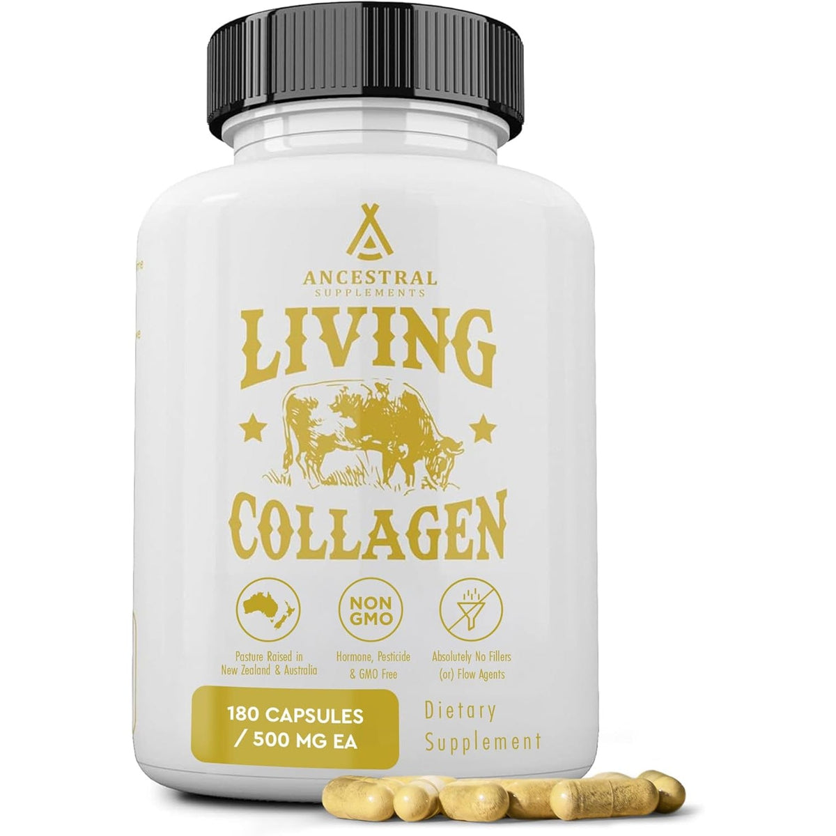 Ancestral Supplements Grass Fed Beef Living Collagen Nutritional Powder Supplement, 3000Mg, Promotes Healthier, Younger Looking Skin, Hair, Nails and Joints, Type II, 180 Capsules