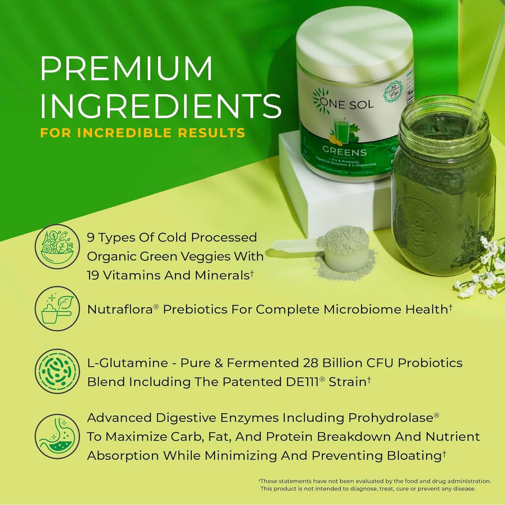 One Sol Greens, Super Greens Powder to Reduce Bloating & Improve Gut Health, Superfood Fresh Bloom Organic Greens Blend Juice & Smoothie Mix, Pre & Probiotic with Digestive Enzymes, Vegan & Soy Free