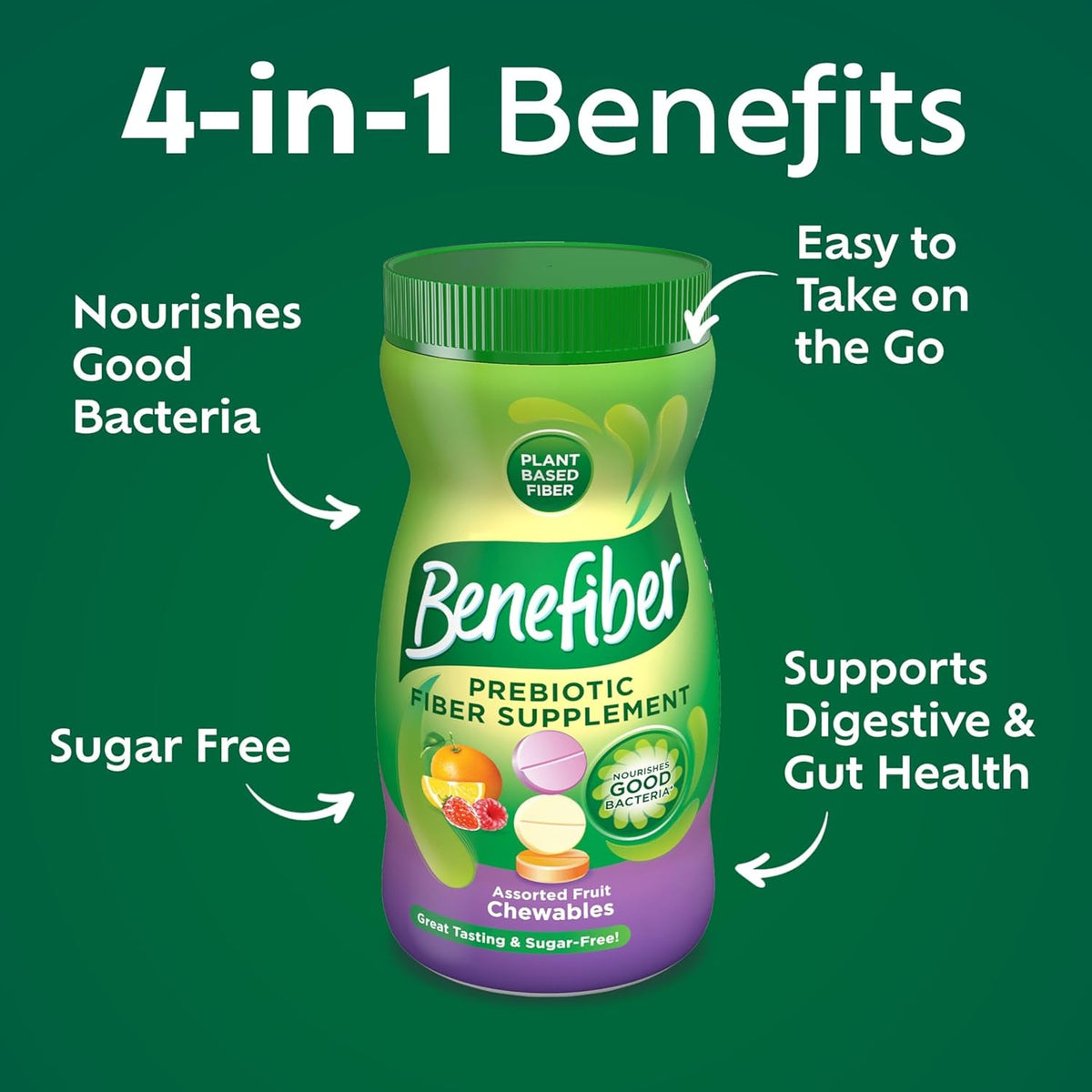 Benefiber Chewable Prebiotic GLP-1 Friendly Fiber Supplement Tablets for Digestive Health, Assorted Fruit Flavors - 100 Count