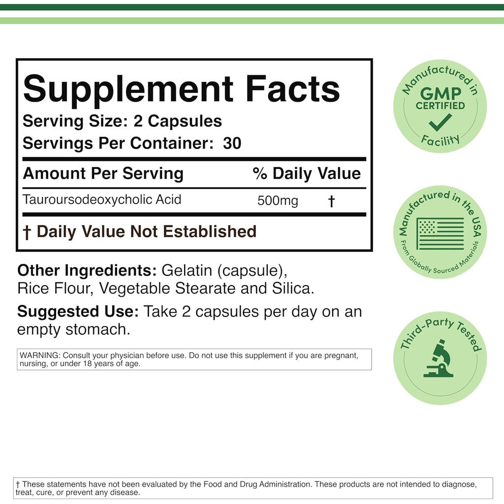 TUDCA Bile Salts Liver Support Supplement, 500Mg Servings, Liver and Gallbladder Cleanse Supplement (60 Capsules, 250Mg) Genuine Bile Acid TUDCA with Strong Bitter Taste by Double Wood