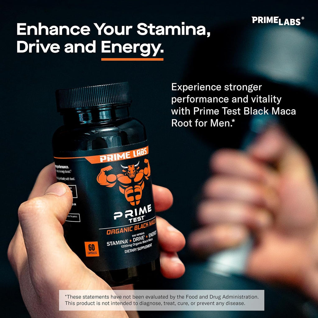 Prime Labs Organic Black Maca Root Capsules 1,200Mg - Stamina, Drive, Energy, Vitality - Peruvian 20:1 Extract - for Men & Women - 60 Count