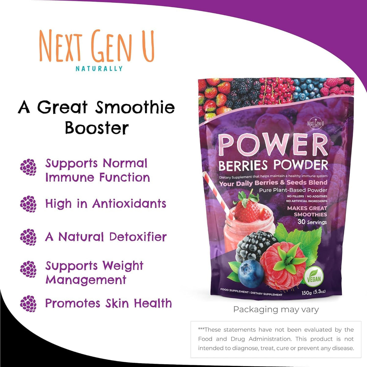 Super Berry Powder - 150G - Immune Support - Food Supplement - Superfood Berries - Smoothie Mix for Shakes - Healthy Boost for Detox Juice Beverages or Any Drink - by Nextgenu